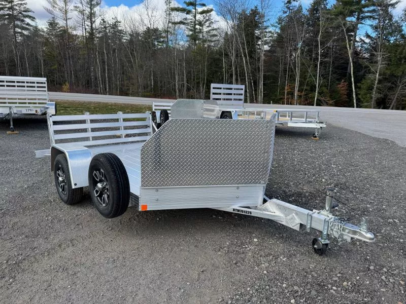 2025 Bear Track 6.5x11 Aluminum Motorcycle / Utility Trailer w/Bi-Fold Ramp, Rock Shield & Matching Spare
