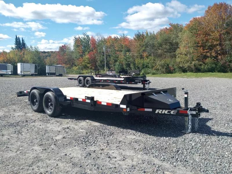2025 Rice Trailers 7x18 10K Powder Coated Open Car Hauler w/Toolbox, D-Rings, Slide-In Ramps
