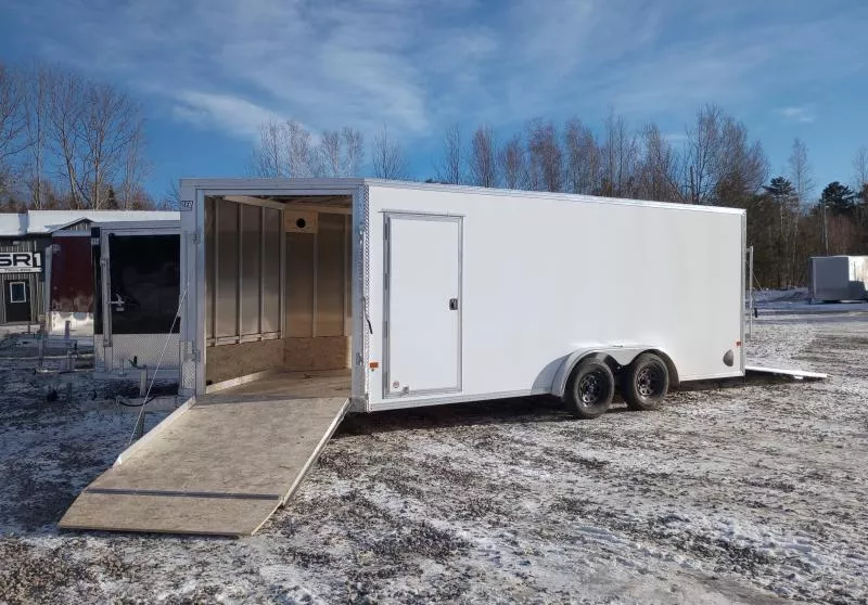 2026 E-Z Hauler 7.5x18 Aluminum 3-Place Drive In/Out Snowmobile Trailer w/Spring Assist Ramps, Slide Tracks