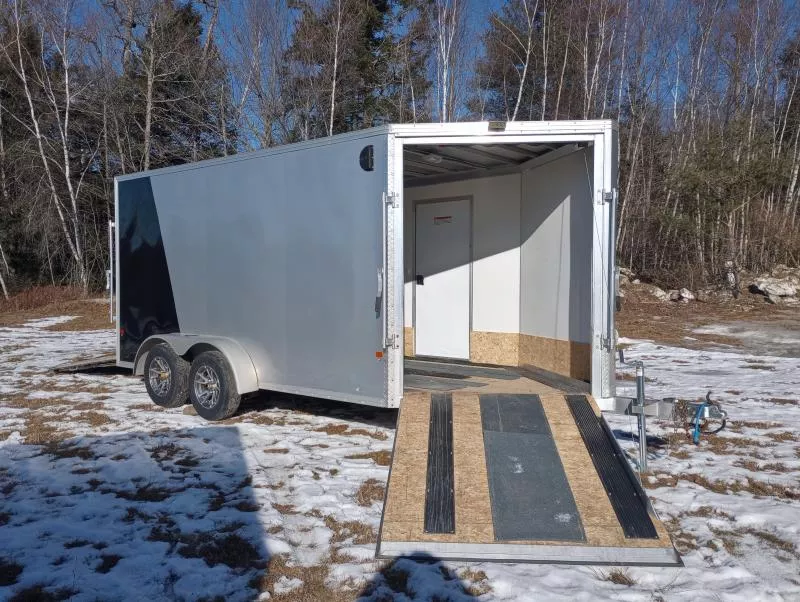 2019 E-Z Hauler 7x14 Aluminum 2-Place Drive In/Out Snowmobile Trailer w/Mats & Guides, Aluminum Wheels, Tapered Ramps
