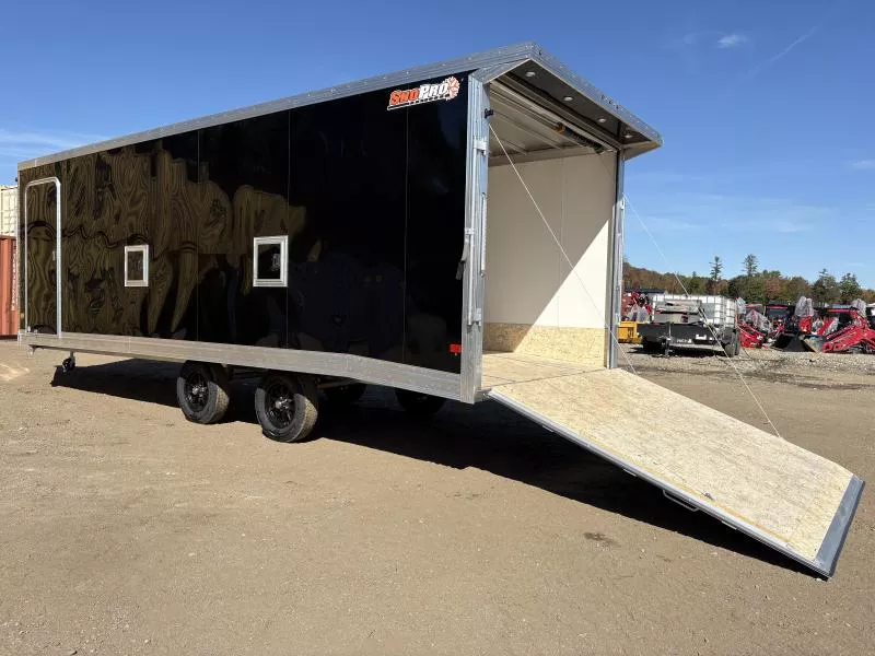 2026 SnoPro Trailers 101x22 Aluminum 4-Place Drive In-Out Snowmobile Trailer w/Rear Door Canopy w/Lights, White Interior Walls, Tapered Ramp Doors, Galvanized Axles, Black Aluminum Wheels, Fuel Door & Premium Light Package 