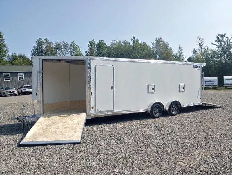 2026 Mission 7.5x22 Aluminum 4-Place Drive In/Out Snowmobile Trailer w/Fuel Doors, Rear Canopy, Tapered Ramps