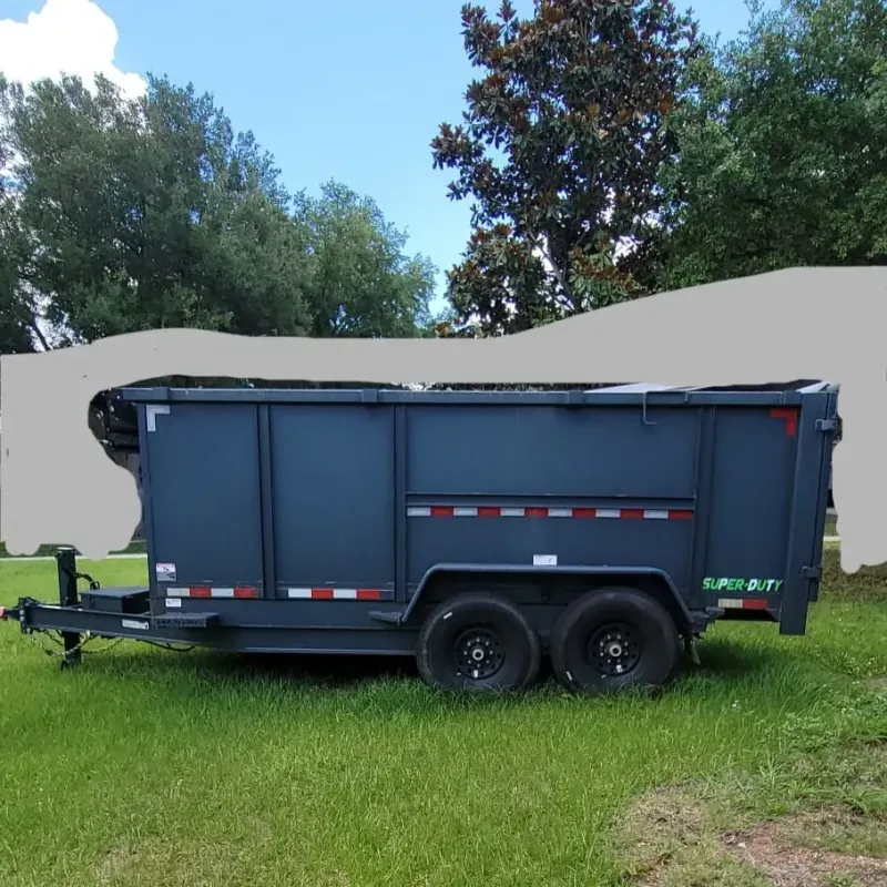 2023 AMP heavy duty dump Trailers D82-14T7-48S/TC, 7x14, steel, 4 ft sides, dual axle, GVWR 14,000 lbs, Payload cap: ~9,600 lbs. Telescopic hydraulic cylinder double-acting tilt mechanism, barn doors, roll out double ramp