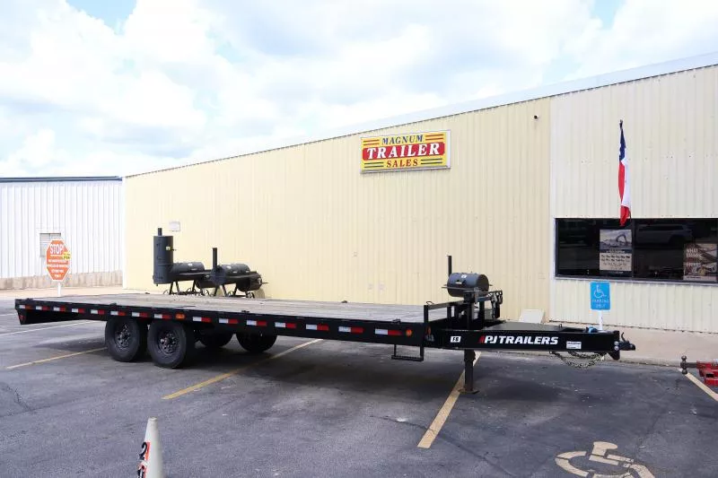 2025 8' x 24' PJ Deck Over Trailer 14K GVWR w monster steps, slide in ramps and 4 pairs of D rings, locking lid over tongue