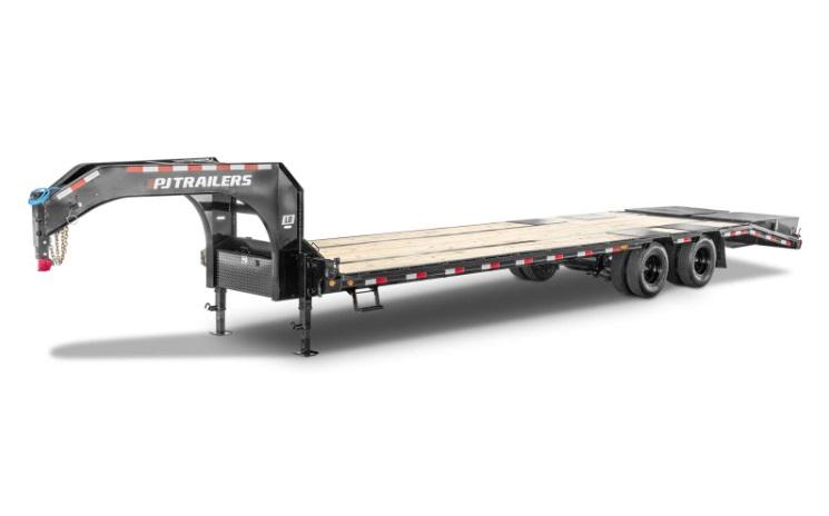 2025 40' x 8' PJ Low-Pro 24K Duals axle Gooseneck Trailer Straight Deck w/ 2 slide-in ramps 12" OC Crossmembers, framebridging, 2-speed gooseneck jack upgrade and hinged side mount wood rack