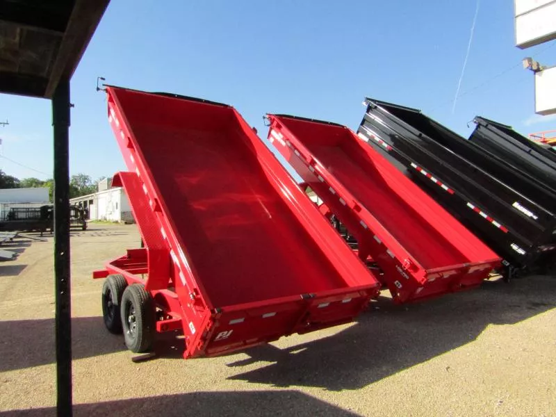 2025 14' x 7' PJ 14K Dump Trailer w/ split gate, ramps and tarp kit - Red