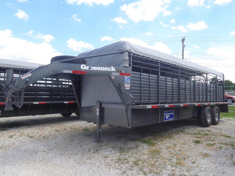 Gooseneck Brand 24' x 6'8 Gooseneck Dark Shadow Gray Metallic with Light Gray Tarp Livestock Trailer Gooseneck Brand 24' x 6'8 Gooseneck Dark Shadow Gray Metallic with Light Gray Tarp Livestock Trailer