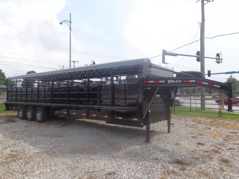 Delco 32' x 6'8 Gooseneck Powder Coated Black w/ Gray Tarp Stock Trailer Delco 32' x 6'8 Gooseneck Powder Coated Black w/ Gray Tarp Stock Trailer