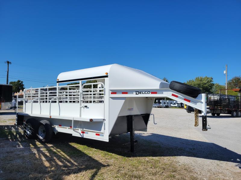 Delco 16' x 6'8 Premium Metal Top Powder Coated White Gooseneck Livestock Trailer with Butterfly Slam Latch Tail Gate Delco 16' x 6'8 Premium Metal Top Powder Coated White Gooseneck Livestock Trailer with Butterfly Slam Latch Tail Gate