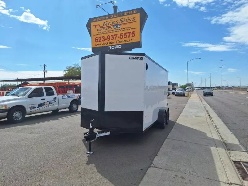 2026 Compass 16X7 Jasper SE Flat Top Sloped V-Nose, 7K, D-Ring, Black Aluminum Wheels, White/Black Trim, RD Cargo / Enclosed Trailer