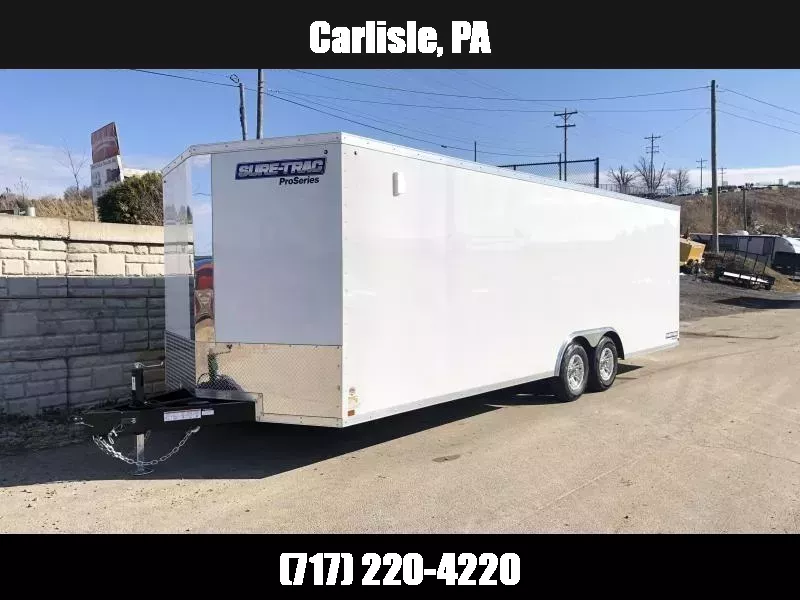 2026 Sure-Trac 8.5x20' Pro Series Enclosed Car Hauler Trailer 9900# GVW * TORSION AXLES * BACKUP LIGHTS * WHITE EXTERIOR * V-NOSE * RAMP * 5200# AXLES * .030 SCREWLESS EXTERIOR * ALUMINUM WHEELS * 1 PC ROOF * 6" FRAME * 16" O.C. C/M * TUBE STUDS 1762400427