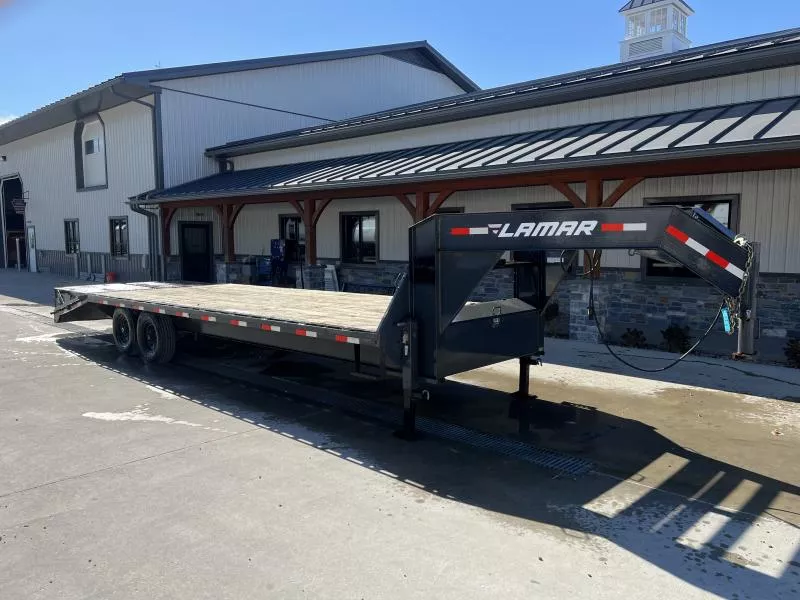 USED Lamar 102X26' Gooseneck Deckover Trailer 14000# GVW 12" I BEAM * FULL WIDTH RAMPS * FRONT TOOLBOX * DUAL JACKS * RUBRAIL/STAKE POCKETS/PIPE SPOOLS * SPARE TIRE * CHARCOAL