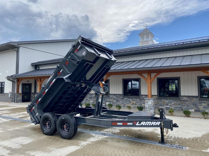 2025 Lamar 7x12' Dump Trailer 14000# GVW * DROP AXLES * HD AXLE BEAM * REAR JACKSTANDS * 17.5 16-PLY TIRES * 12" O.C. C/M * 7GA FLOOR * TARP KIT * SCISSOR HOIST * 12K JACK * CHARCOAL * RIGID RAILS * HD COUPLER * NESTLED I-BEAM FRAME