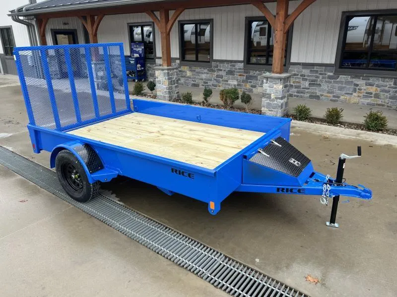2026 Rice Trailers 76"x12' Steel High Side Landscape Utility Trailer 2990# GVW * AG BLUE * TRIPLE TUBE TONGUE * 2" BALL COUPLER * TOOLBOX * 2x2" TUBE GATE W/SPRING ASSIST * 6 D-RING TIE DOWNS * 15" RADIALS * BULLET LEDS * POWDERCOAT