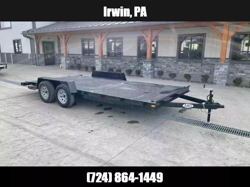 2026 AMO 7x18' Steel Deck Car Trailer 7000# GVW * LED TAIL LIGHTS * STACKED CHANNEL TONGUE/FRAME * 2' BEAVERTAIL * REMOVABLE FENDERS * 2-AXLE BRAKES * STEEL FLOOR * D-RINGS 1765078749
