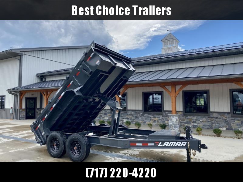 2023 Lamar 7x12' Deluxe Dump Trailer 14000# GVW * 14-PLY RUBBER * DROP AXLES/LOW DECK HEIGHT * REAR JACKSTANDS * 7GA FLOOR * TARP KIT * SCISSOR HOIST * 12K JACK * CHARCOAL * RIGID RAILS * HD COUPLER * NESTLED I-BEAM FRAME 24" H * 3-WAY GATE * 12" O.C. C/M 2023 Lamar 7x12' Deluxe Dump Trailer 14000# GVW * 14-PLY RUBBER * DROP AXLES/LOW DECK HEIGHT * REAR JACKSTANDS * 7GA FLOOR * TARP KIT * SCISSOR HOIST * 12K JACK * CHARCOAL * RIGID RAILS * HD COUPLER * NESTLED I-BEAM FRAME 24" H * 3-WAY GATE * 12" O.C. C/M