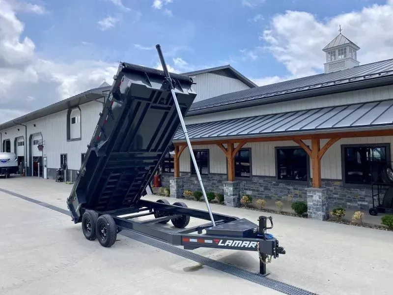 2026 Lamar 7x16' Dump Trailer 14000# GVW * 11-TON 144" TELESCOPIC HOIST * 7GA FLOOR * TARP KIT * UNDERMOUNT RAMPS * 12K JACK * CHARCOAL * RIGID RAILS * HD COUPLER * NESTLED I-BEAM FRAME 28" H * COMBO GATE * 12" O.C. C/M