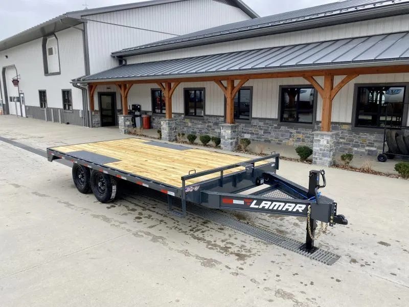 2026 Lamar 102x16' Flatbed Deckover Trailer 14000# GVW * 8' SLIDE IN RAMPS * CHARCOAL * TOOL TRAY * HD CAST COUPLER * I-BEAM FRAME * 16" O.C. C/M * RUBRAIL/STAKE POCKETS/PIPE SPOOLS * CHANNEL SIDE RAIL * 12K JACK