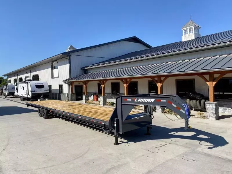 2026 Lamar 102x40' Gooseneck Deckover Trailer 14000# GVW * 12" I BEAM * 8' SLIDE OUT RAMPS * FRONT TOOLBOX * DUAL JACKS * RUBRAIL/STAKE POCKETS/PIPE SPOOLS * SPARE TIRE * CHARCOAL