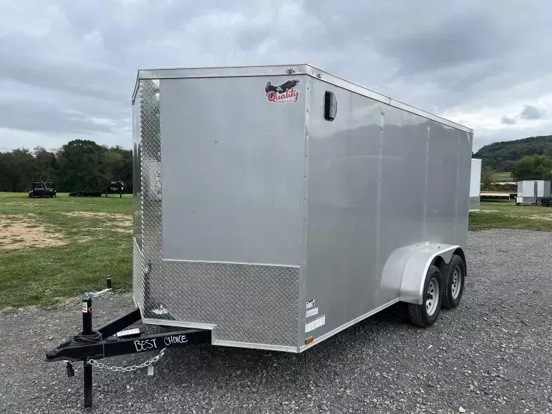 2026 Quality 7x14' Tandem Axle Enclosed Cargo Trailer 7000# GVW * SILVER .080 POLYCOR EXTERIOR * SEMI-SCREWLESS * RAMP DOOR * PLYWOOD WALLS & FLOORS * TUBE WALL AND CEILING STUDS * LED LIGHTS * 16" O.C. WALL AND FLOORS * RV DOOR * V-NOSE