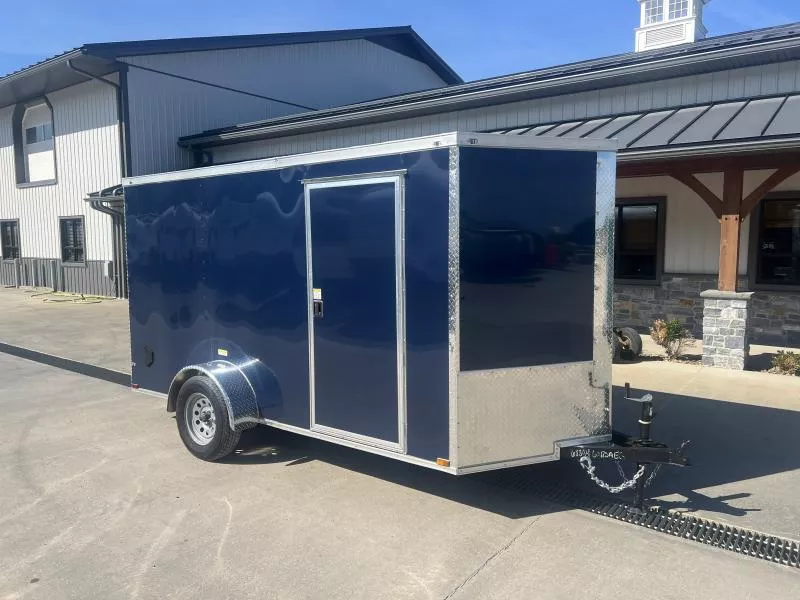 2025 Quality Cargo 6x12 Single Axle Enclosed Cargo Trailer 2990# GVW * 6'3 CEILING HEIGHT * BLUE EXTERIOR * PLYWOOD WALLS AND FLOOR * RV DOOR * 16" O.C. * TUBE STUDS * RAMP DOOR * V-NOSE
