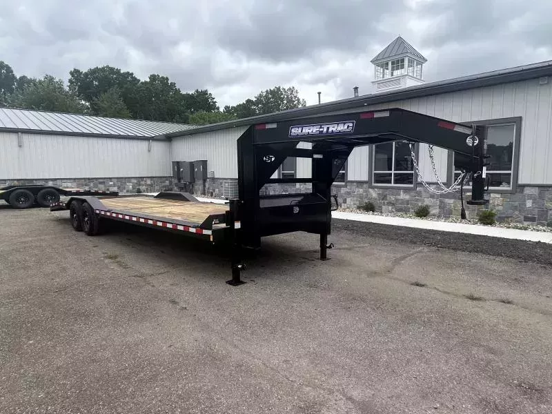 2026 Sure-Trac 102x28' Gooseneck Car Hauler Equipment Trailer 14000# GVW * 8' SLIDE OUT PUNCH PLATE RAMPS * 102" DECK * DRIVE OVER FENDERS * BUGGY HAULER * DUAL JACKS * FRONT TOOLBOX * RUBRAIL/STAKE POCKETS/D-RINGS