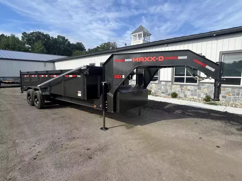 2026 MAXXD 7x20' DSX Gooseneck Dump Trailer 24000# GVW * DEXTER 12000# AXLES * ELEC/HYDRAULIC BRAKES * 4' HIGH SIDES * OVERSIZE 5IN BORE/4 STAGE TELESCOPIC LIFT * 10"/19# I-BEAM FRAME * 7GA FLOOR * 12" O.C. I-BEAM C/M * WIRELESS REMOTE * FLIPOVER TARP
