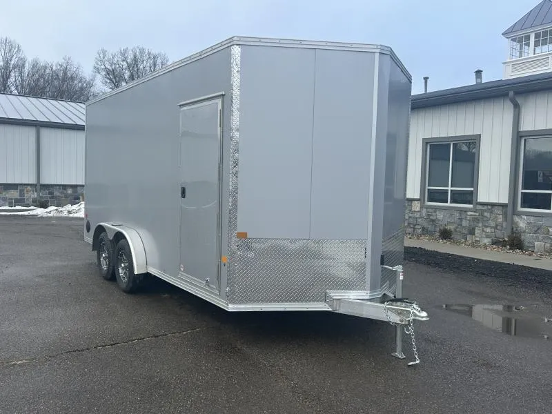 2026 EZ Hauler 7.5x16' Aluminum Enclosed Cargo Trailer 7000# GVW * SILVER .080 POLYCOR EXTERIOR * V-NOSE * 7.5' WIDTH * 7' INTERIOR HEIGHT UTV * ALUMINUM FRAME * RAMP DOOR * 16" O/C WALLS * 1 PC ROOF * SCREWLESS * ALUMINUM WHEELS