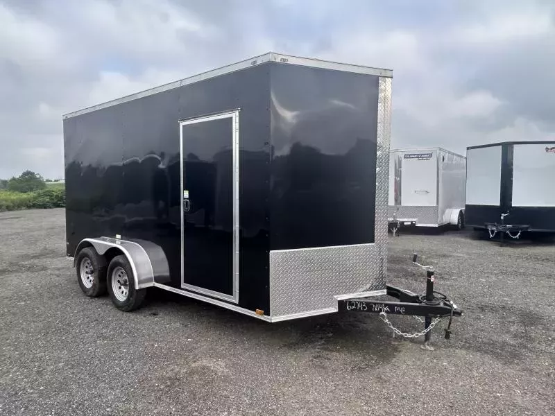 2026 Quality 7x14' Tandem Axle Enclosed Cargo Trailer 7000# GVW * 6'6" HEIGHT * BLACK .080 POLYCOR EXTERIOR * SEMI-SCREWLESS * RAMP DOOR * PLYWOOD WALLS & FLOORS * TUBE WALL & CEILING STUDS * LED LIGHTS * 16" O.C. WALL & FLOORS * RV DOOR * V-NOSE
