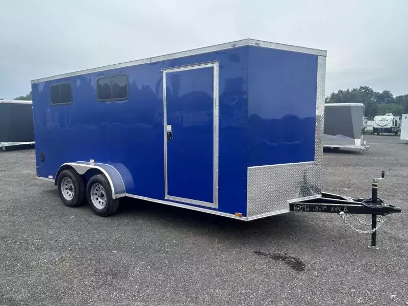 2025 Quality 7x16' Tandem Axle Enclosed Cargo Trailer 7000# GVW * 7' HEIGHT * REAR SPOILER * BLUE EXTERIOR * RAMP DOOR * PLYWOOD WALLS & FLOORS * TUBE WALL AND CEILING STUDS * LED LIGHTS * 16" O.C. WALL AND FLOORS * RV DOOR * V-NOSE