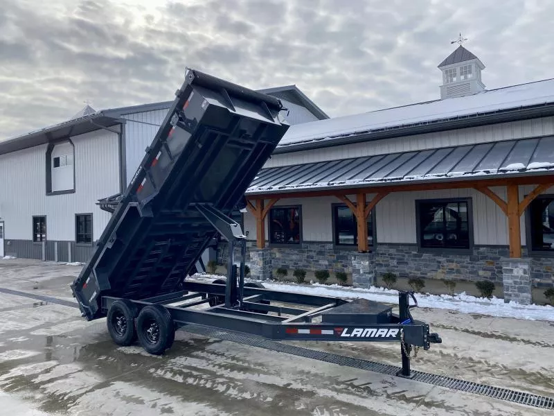 2026 Lamar 7x16' Dump Trailer 14000# GVW * 7GA FLOOR * TARP KIT * UNDERMOUNT RAMPS * SCISSOR HOIST * 12K JACK * CHARCOAL * RIGID RAILS * HD COUPLER * NESTLED I-BEAM FRAME 28" H * COMBO GATE * 12" O.C. C/M