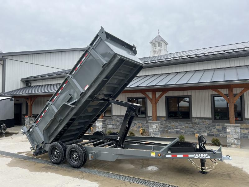 2025 Behnke 7x16' High Side Dump Trailer 16000# GVW * 13-TON 6X28 SCISSOR HOIST * 3' SIDES * DEXTER 8K AXLE UPGRADE * 7GA FLOOR * 17.5" 18-PLY TIRES * DUAL BATTERIES * CHARCOAL * HD FENDERS