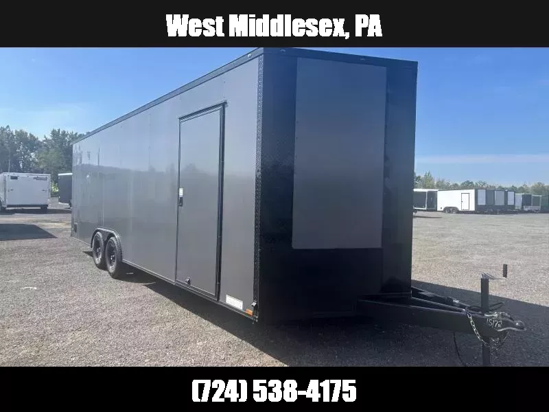 2025 Xtreme Cargo 8.5x24 Enclosed Car Hauler Trailer 9990# GVW * CHARCOAL BLACKOUT EXTERIOR * ESCAPE DOOR * REAR SPOILER * 7' HEIGHT UTV PKG * 5200# AXLES * .080 POLYCOR SEMI-SCREWLESS * RV DOOR * PLYWOOD WALLS AND FLOOR * TUBE STUDS * D-RINGS  1757946768
