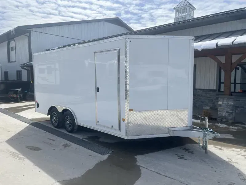 2026 E-Z Hauler 8.5x16' Aluminum Enclosed Car Hauler 7000# GVW * SILVER .080 POLYCOR EXTERIOR * ALUMINUM WHEELS * ALUMINUM FRAME * 16" O/C * SCREWLESS * ONE PC ROOF