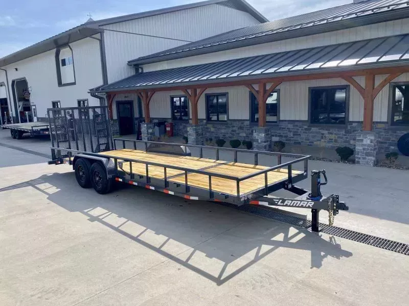 2026 Lamar 7x24' Utility Landscape Trailer 9990# GVW * 5' HD RAMP W/ SPRING ASST * 16" 10-PLY TIRES * 12K JACK * 2' DOVETAIL * PIPE TOP * CHARCOAL * 12K JACK * 5" CHANNEL TONGUE/FRAME * CHANNEL C/M * ADJUSTABLE COUPLER