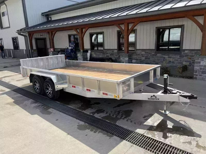 2026 Nordtek 7x16' Aluminum HD Utility Trailer 7000# GVW * BI FOLD GATE * SOLID SIDES * ALUMINUM WHEELS * 4" CHANNEL FULL WRAP TONGUE * 16" O.C. CROSSMEMBERS * TIE DOWNS * DROP LEG JACK
