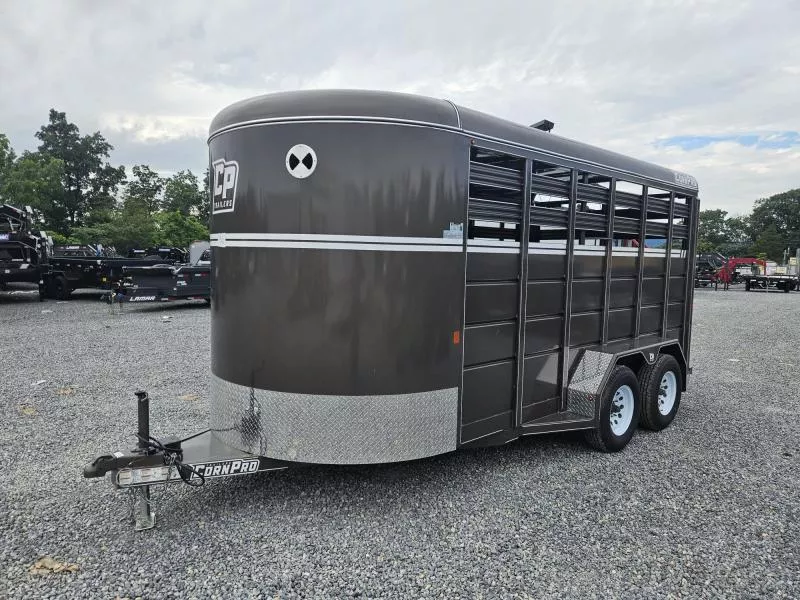 2025 Corn Pro 16' Livestock Trailer 7000# GVW * 7' HEIGHT / 7' WIDTH * AZ BEIGE * TORSION SUSPENSION * DEXTER AXLES * 225/75/R15 8-PLY TIRES * HD FENDERS * CENTER AND REAR SLAM GATES * 4" CHANNEL TONGUE * URETHANE PAINT * KILN DRIED LUMBER