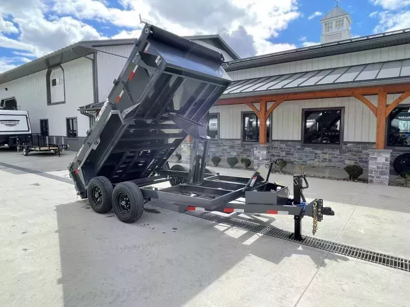 2026 Lamar 77x12' 9990# GVW Low Profile Dump Trailer * 2' SIDES * SPREADER GATE * SCISSOR HOIST * DROP JACK * DELUXE TARP KIT * ADJUSTABLE COUPLER * CHARCOAL * SPARE MT * RIGID RAILS * HARD TO FIND WIDTH!! 