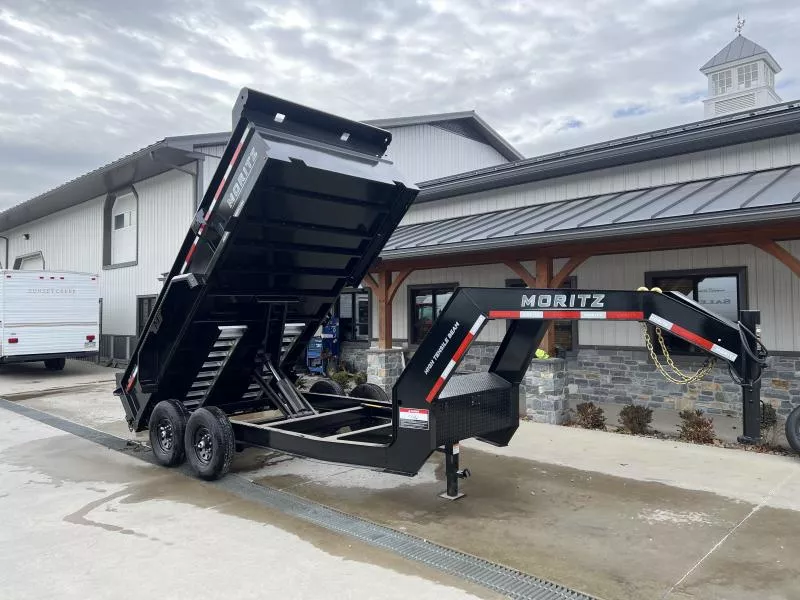 2026 Moritz 7x14' Gooseneck Low Profile Dump Trailer 14000# GVW * DEXTER AXLES * TORSION SUSPENSION * WET COAT PAINT * 24" SIDES * 8" I-BEAM FRAME * ALUMINUM RAMPS * COMBO GATE * KEYWAY IN SIDES