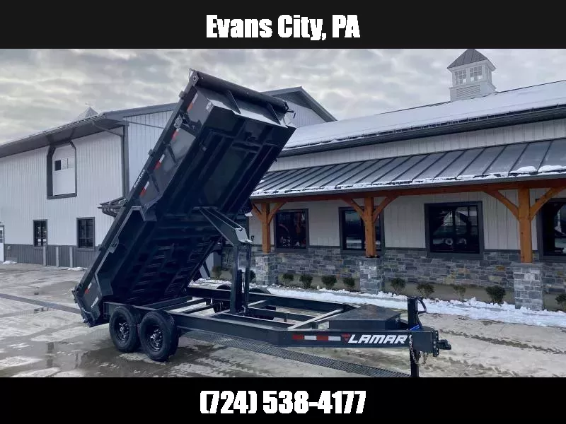 2025 Lamar 7x16' Dump Trailer 14000# GVW * 7GA FLOOR * TARP KIT * UNDERMOUNT RAMPS * SCISSOR HOIST * 12K JACK * CHARCOAL * RIGID RAILS * HD COUPLER * NESTLED I-BEAM FRAME 28" H * COMBO GATE * 12" O.C. C/M 1750184080