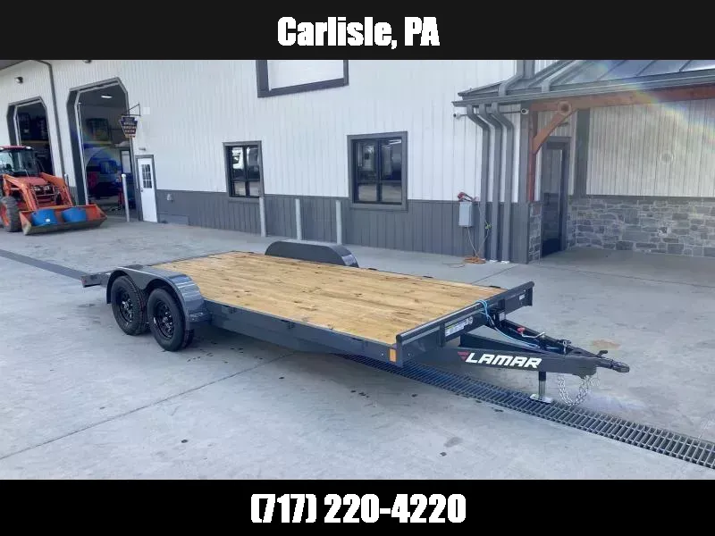 2026 Lamar 7x16 7000# Wood Deck Car Hauler Trailer * CHARCOAL * REMOVABLE FENDERS * EXTRA STAKE POCKETS * 5" CHANNEL FRAME * COLD WEATHER HARNESS * REAR RAMPS  1772225578