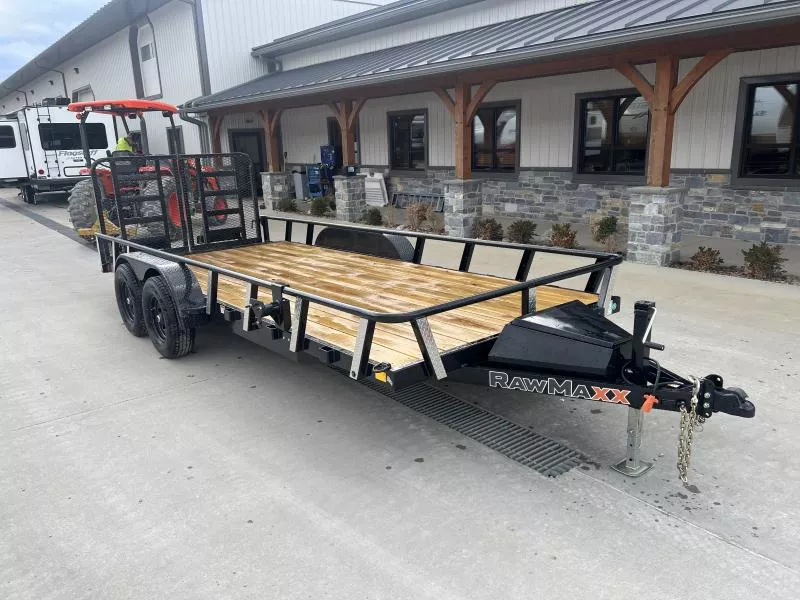 2026 RawMaxx 7x18' HD Utility Landscape Trailer 9990# GVW * HD SPLIT GATE UPGRADE * TOOLBOX * CHANNEL TONGUE & FRAME * 16" O.C. 3" CHANNEL CROSSMEMBERS * DEXTER AXLES * ADJUSTABLE COUPLER * DROP LEG JACK * PIPE TOP RAIL * 4 D-RINGS * SLIPPER SPRINGS