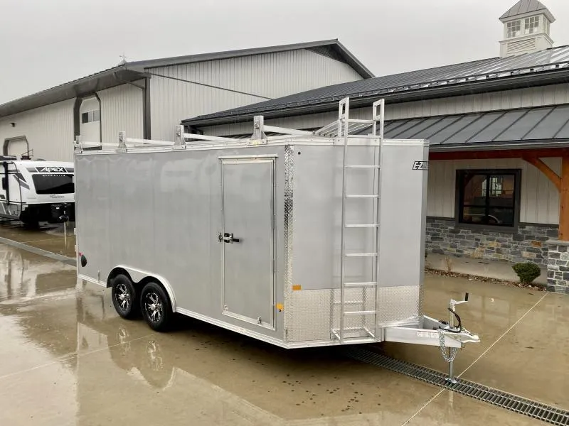 2026 E-Z Hauler 8.5x16' Aluminum Enclosed Car Hauler 7000# GVW * 3 HD LADDER RACKS + LADDER * BLACK .080 POLYCOR EXTERIOR * ALUMINUM WHEELS * ALUMINUM FRAME * 16" O/C * SCREWLESS * ONE PC ROOF
