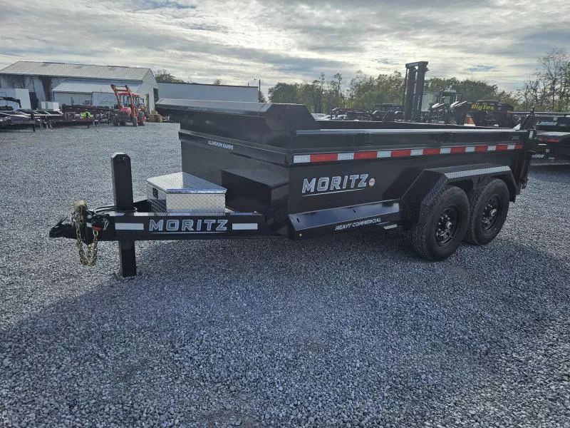 2025 Moritz 7x12' Low Profile Dump Trailer 14000# GVW * HYDRAULIC JACK * TARP KIT * STAKE POCKETS * DEXTER AXLES * TORSION SUSPENSION * WET COAT PAINT * 24" SIDES * 8" I-BEAM FRAME * ALUMINUM RAMPS & TOOLBOX * 4-BOLT COUPLER * COMBO GATE * KEYWAY IN SIDES