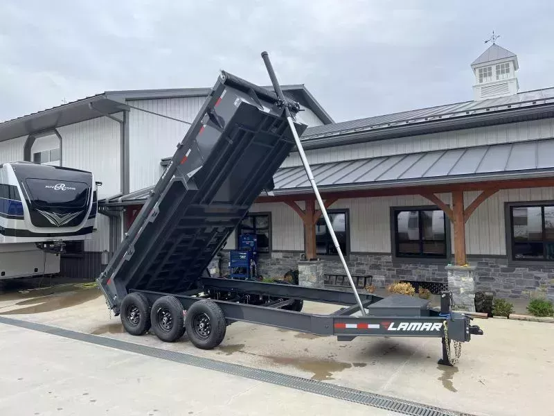2026 Lamar 7x16' Dump Trailer 21000# GVW * OVERSIZE 144" STROKE 11-TON TELESCOPIC HOIST * 7GA FLOOR * JACKSTANDS * TARP KIT * CHARCOAL * RIGID RAILS * NESTLED I-BEAM FRAME 28" H * 12" O.C. C/M * COMBO GATE * HD COUPLER