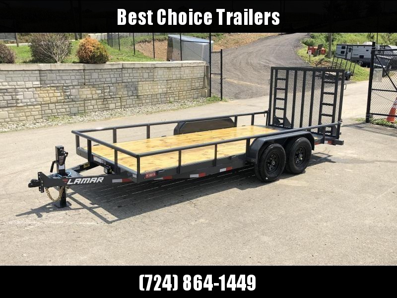 2021 Lamar 7x18' Utility Landscape Trailer 9990# GVW * 5' HD RAMP W/ SPRING ASST * 16" 10-PLY TIRES * 12K JACK * 2' DOVETAIL * PIPE TOP * CHARCOAL * 12K JACK * 5" CHANNEL TONGUE/FRAME * CHANNEL C/M * ADJUSTABLE COUPLER 2021 Lamar 7x18' Utility Landscape Trailer 9990# GVW * 5' HD RAMP W/ SPRING ASST * 16" 10-PLY TIRES * 12K JACK * 2' DOVETAIL * PIPE TOP * CHARCOAL * 12K JACK * 5" CHANNEL TONGUE/FRAME * CHANNEL C/M * ADJUSTABLE COUPLER