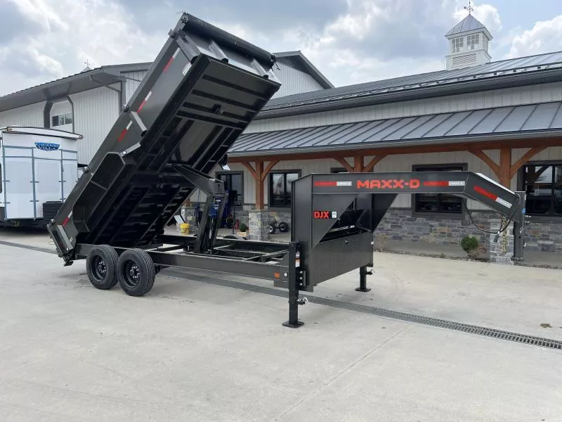 2026 MAXXD 7x16' DJX Gooseneck Dump Trailer 16000# GVW * DEXTER 8000# AXLES * OVERSIZE 6X20 SCISSOR * 8"/15# I-BEAM FRAME * 2PC 10GA WALLS & FLOOR * 12" O.C. CROSSMEMBERS * WIRELESS REMOTE * COMBO GATE * METALLIC GREY * HD TOP RAIL * TARP * JACKSTANDS