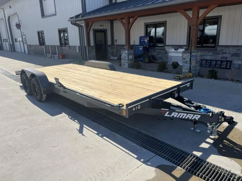 2026 Lamar 7x20 7000# Wood Deck Car Hauler Trailer * ADJUSTABLE COUPLER * DROP LEG JACK * REMOVABLE FENDERS * EXTRA STAKE POCKETS * CHARCOAL * 4 D-RINGS * 5" CHANNEL FRAME * COLD WEATHER HARNESS * REAR RAMPS