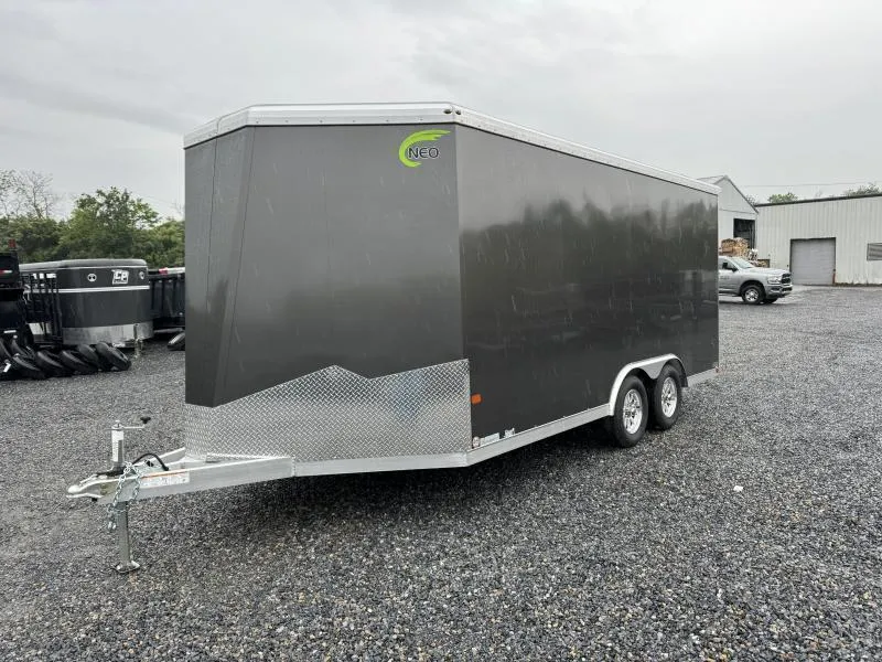 2026 NEO 8.5x18' NAUX Aluminum Enclosed UTV Trailer 7000# GVW * CHARCOAL EXTERIOR * DRT REAR SPOILER * CABLELESS REAR RAMP * NXP LATCH * ROUND TOP/V-NOSE * SCREWLESS * ALUMINUM WHEELS * L-TRACK TIE DOWN SYSTEM * INTEGRATED FRAME