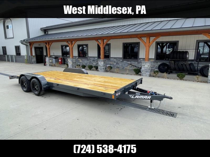 2025 Lamar 7x20 7000# Wood Deck Car Hauler Trailer * CHARCOAL * EXTRA STAKE POCKETS * 5" CHANNEL FRAME * COLD WEATHER HARNESS * REAR RAMPS 1750184072